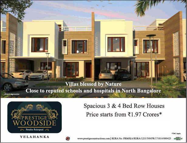 Spacious 3 and 4 bed row house price starts from Rs 1.97 Cr at Prestige Woodside in Bangalore